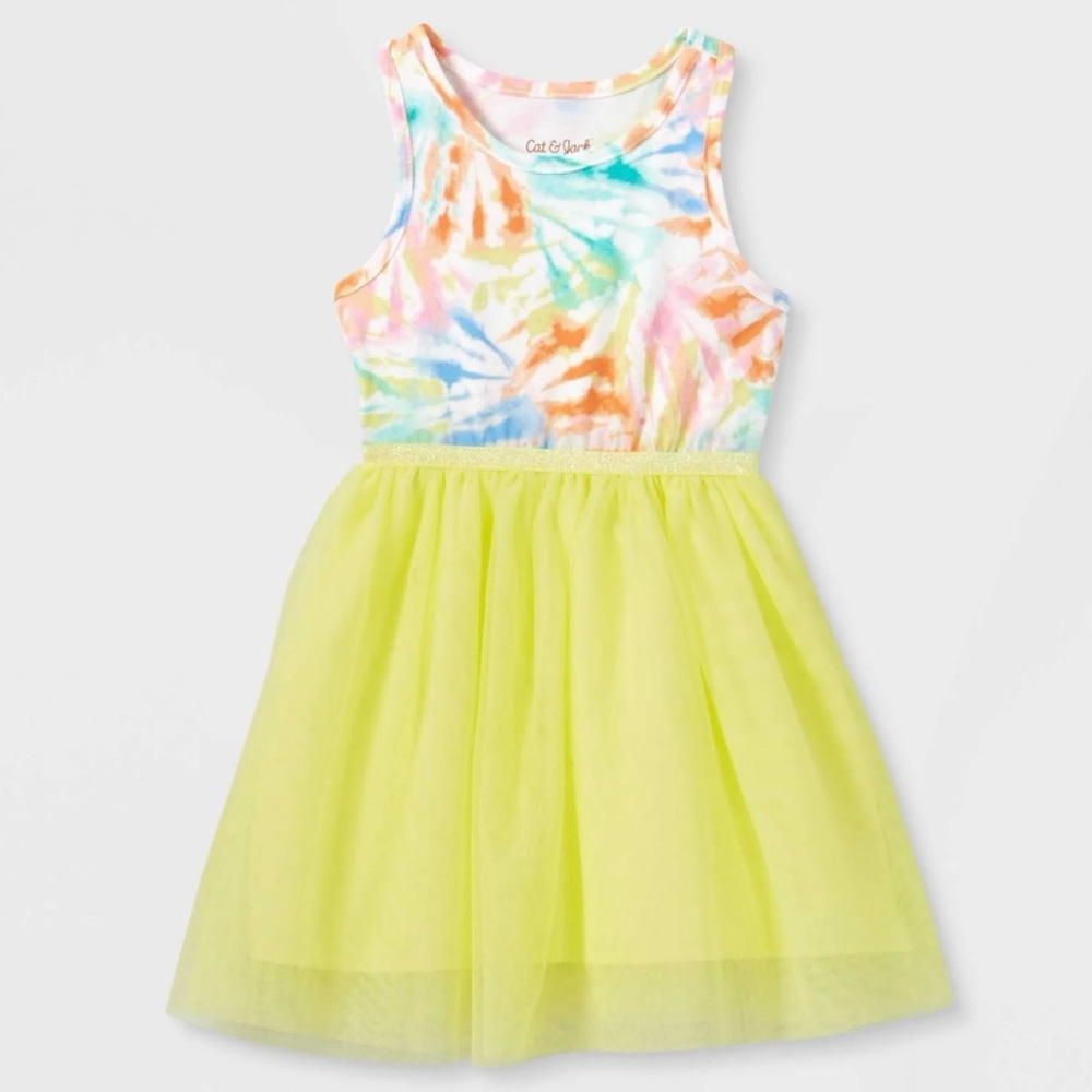 Cat & Jack Rainbow Tie Dye Tank Dress Yellow Tulle Skirt Size 18 Months